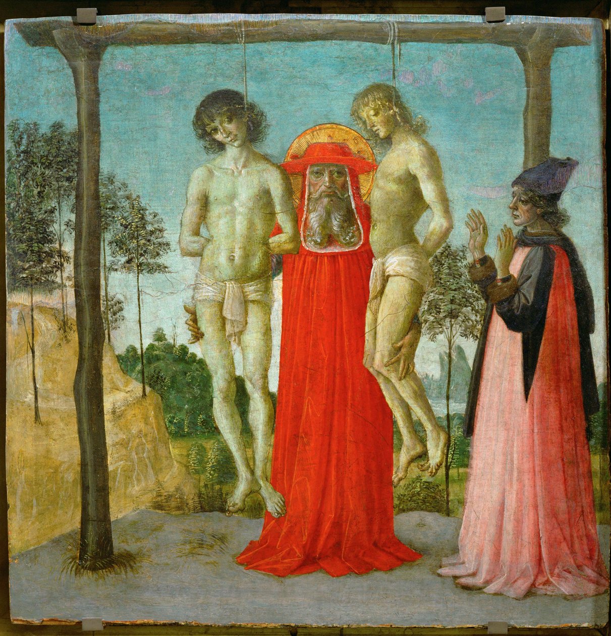 Sankt Hieronymus støtter to hængte unge mænd ... af Pietro (studio of) Perugino