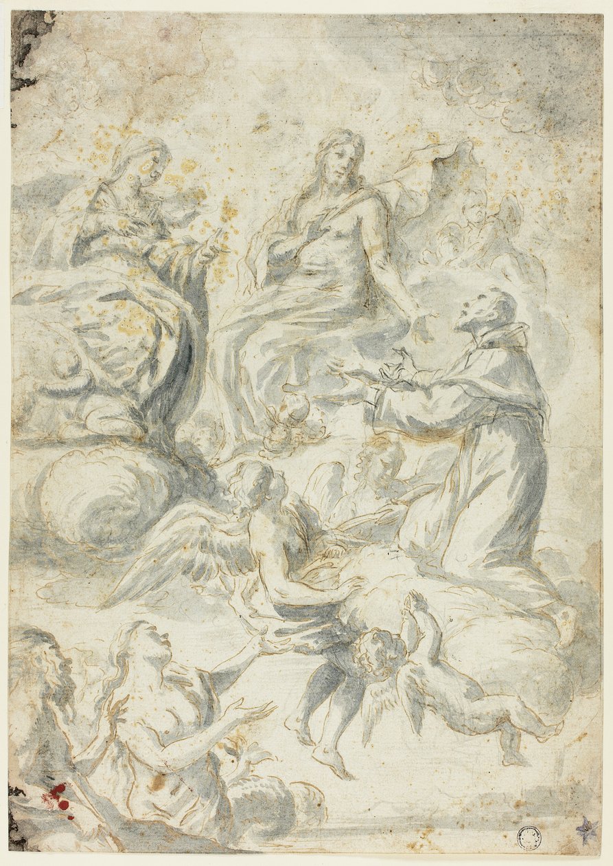 Sankt Nikolaus af Tolentino går i forbøn hos Kristus og Madonna for sjæle i Limbo af Pietro Antonio Novelli