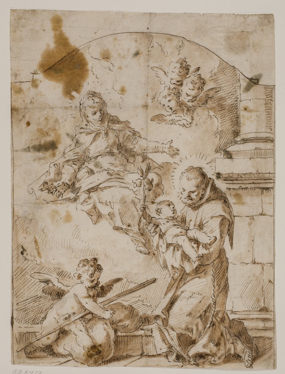 Sankt Antonius af Padua knæler med Kristusbarnet i armene, mens jomfruen og englene viser sig på himlen af Pietro Antonio Novelli