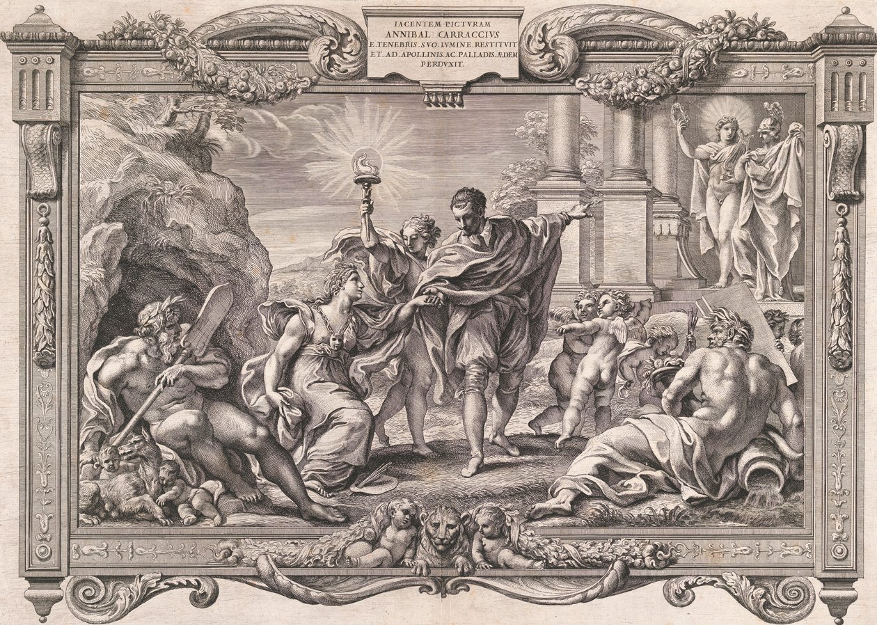 Annibale Carracci introducerer maleri til Apollo og Minerva, 1674. af Pietro Aquila