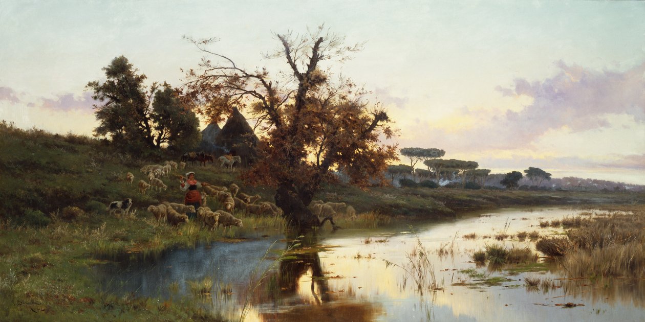 Flok ved solnedgang (olie på lærred) af Pietro Barucci