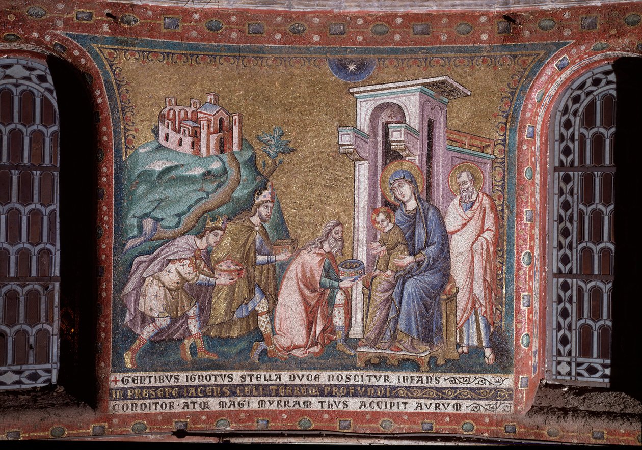 Tilbedelse af den mosaiske magi af Pietro Cavallinis apsis (aktiv omkring 1273-1330) slutningen af det 13. århundrede (Tilbedelse af magierne, mosaik fra apsis af Pietro Cavallini, slutningen af det 13. århundrede) Rom, Santa Maria-kirken i Trastevere Ital af Pietro Cavallini