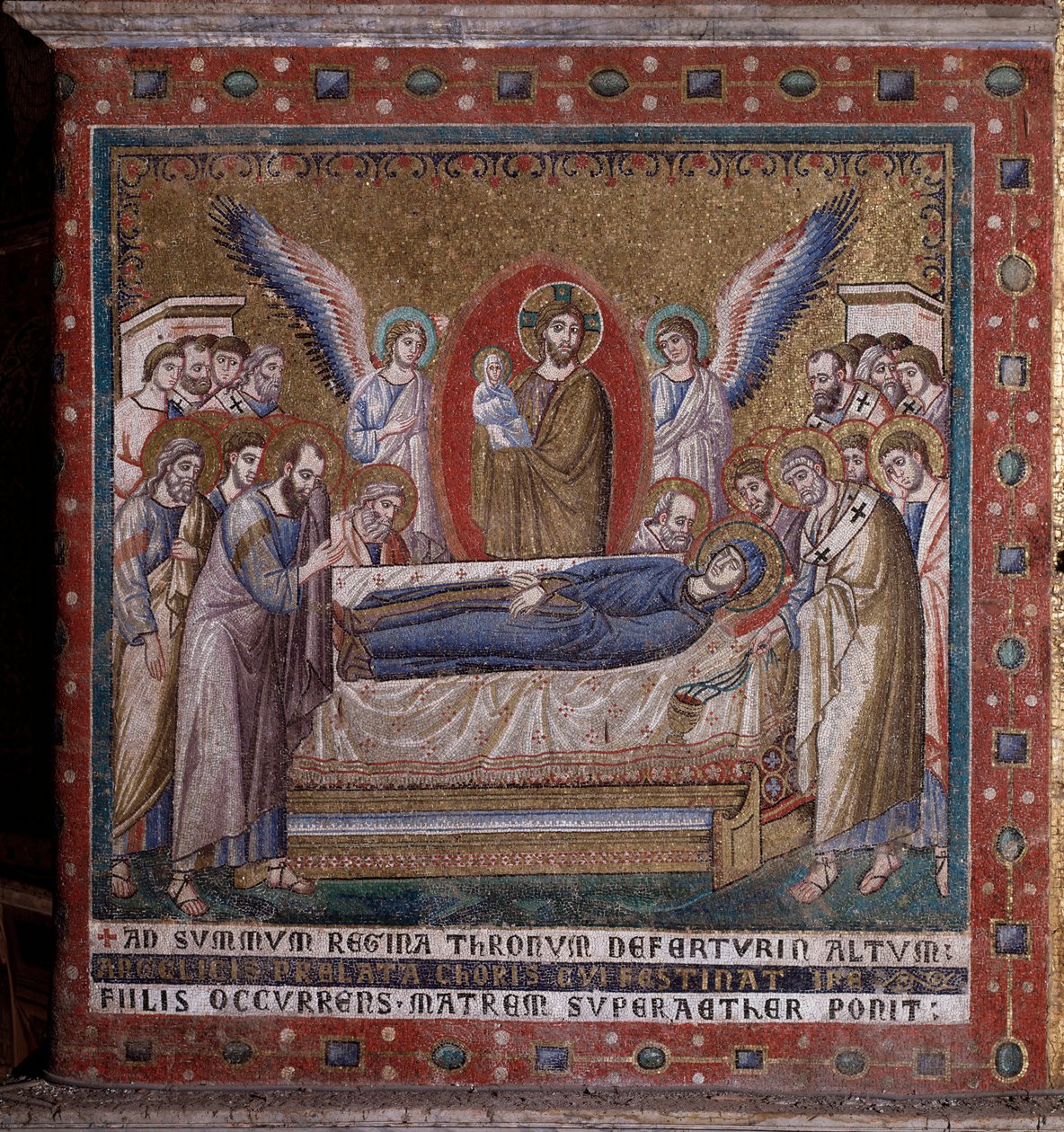 Mosaikken til apsis af Pietro Cavallini (aktiv omkring 1273-1330) slutningen af det 13. århundrede (Jomfruens transit, mosaik fra apsis af Pietro Cavallini, slutningen af det 13. århundrede) Rom, kirken Santa Maria in Trastevere Italien af Pietro Cavallini