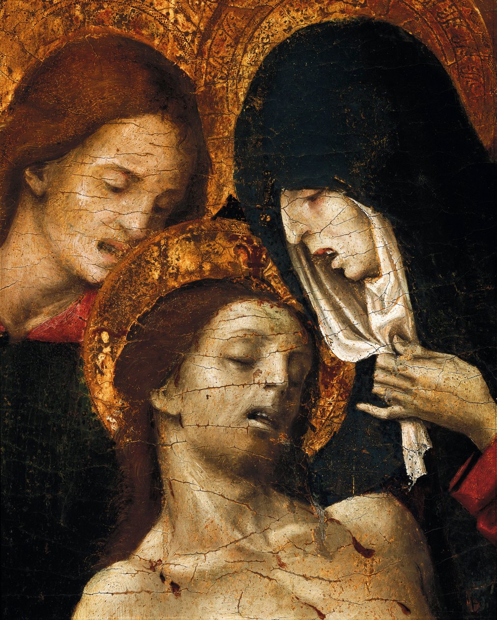 Nedstigning fra korset (Deposizione), detalje af Johannes, Jomfru Maria og Kristus, begyndelsen af det 16. århundrede (tempera på panel) af Pietro Cavaro