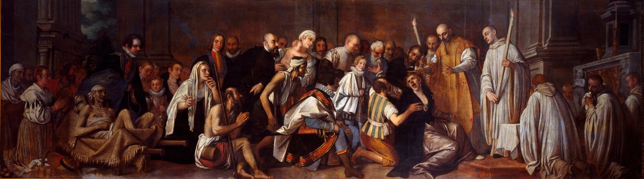 Sankt Bernhard af Clairvaux (San Bernardo di Chiaravalle) (1090-1153) og besidderen En skare bestående af invalide overværer scenen for dæmonens udfrielse. Maleri af Pietro Damini (1592-1631) Chioggia fra det 17. århundrede, Chiesa di San Domenico af Pietro Damini