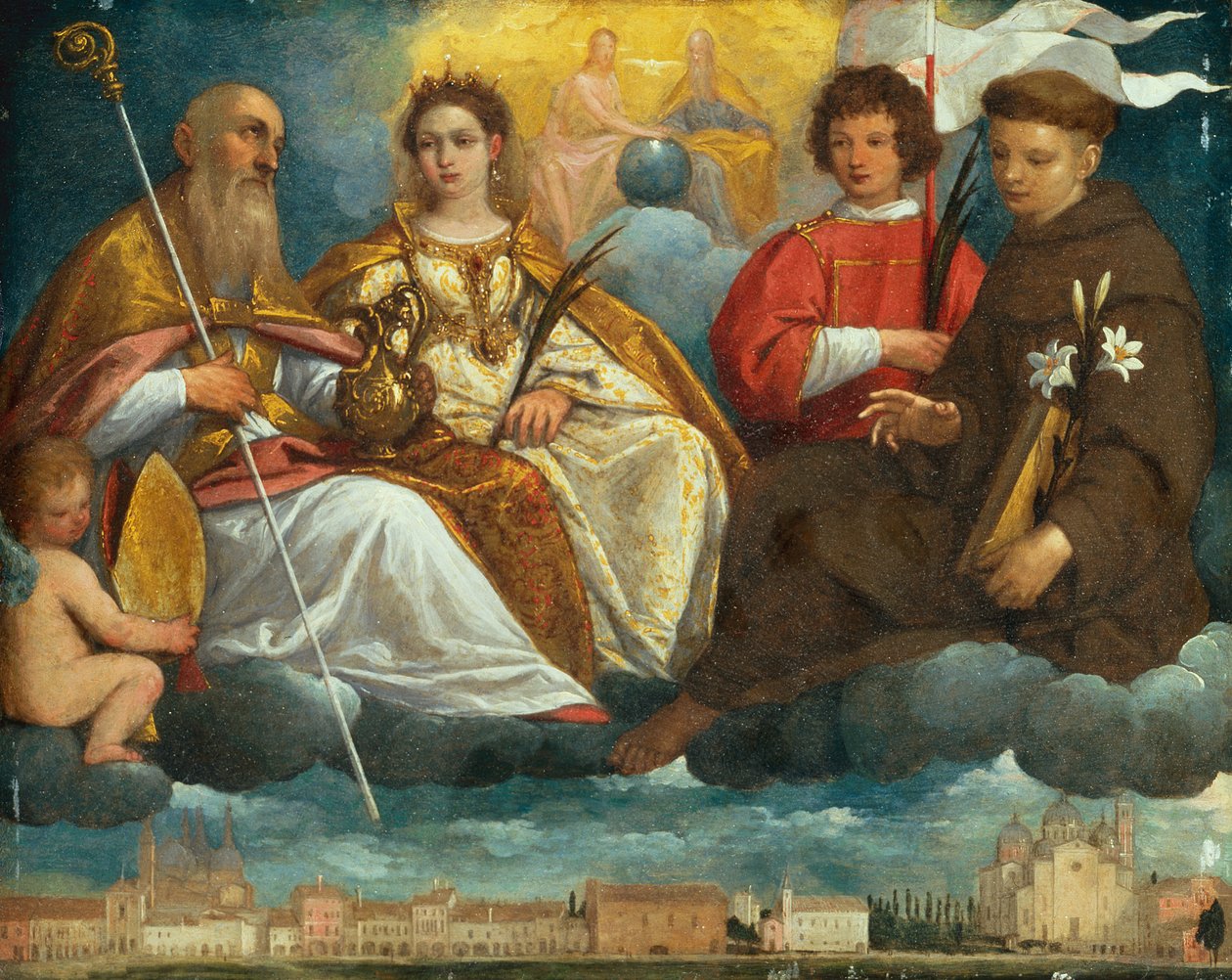 Sankt Prosdocimus, Justina, Daniel og Antonius af Padova i herlighed med udsigt over Prato della Valle, Padova (olie på kobber). af Pietro Damini