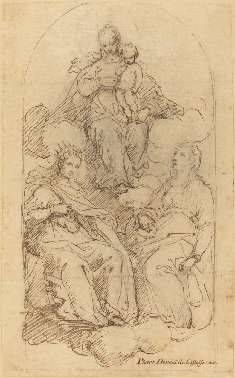 Jomfruen og barnet tilbedt af Saint Catherine og en anden kvindelig helgen af Pietro Damini