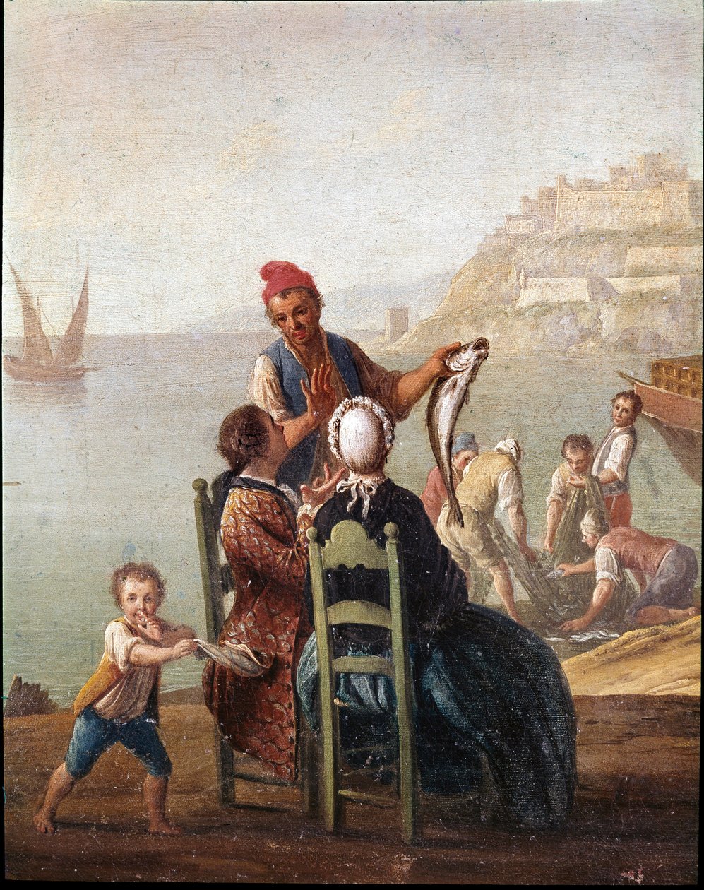 En fiskesælger og et par (En fiskesælger og et par) Detaljemaleri af Pietro Fabris Museo Nazionale di San Martino Napoli fra det 18. århundrede af Pietro Fabris