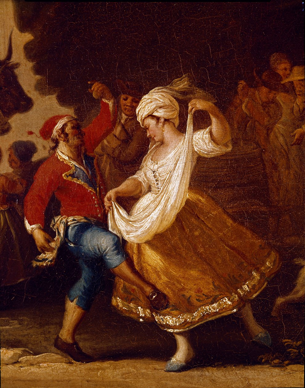 Dansescene og populær fest i Napoli Detalje af tarantellaen (tarantella, tarantella). Maleri af Pietro Fabris (aktivt mellem 1763 og 1776) Napoli fra det 18. århundrede, Museo Nazionale di San Martino af Pietro Fabris
