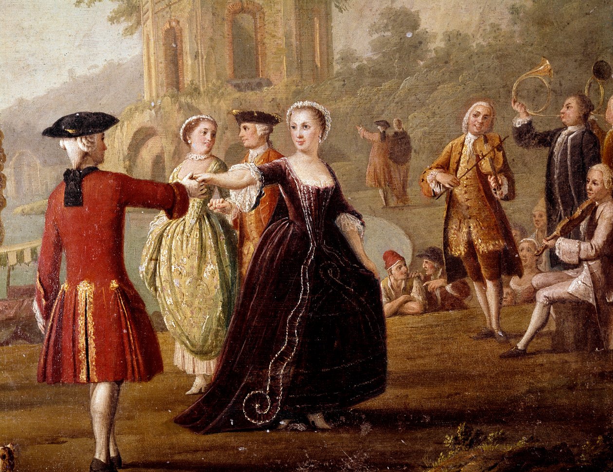Ædel dans og festscene i Napoli Dansere i en park. Maleri af Pietro Fabris (aktivt mellem 1763 og 1776). Napoli fra det 18. århundrede, Museo Nazionale di San Martino af Pietro Fabris