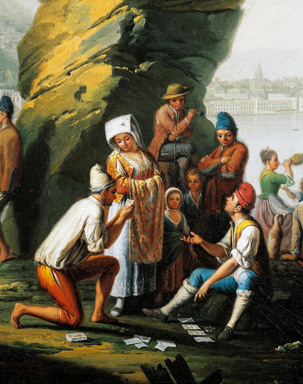 Scene fra hverdagen i Posillipo-hulen, mænd, der spiller kort, af Pietro Fabris (aktiv 1768-1778), olie på lærred, detaljer af Pietro Fabris