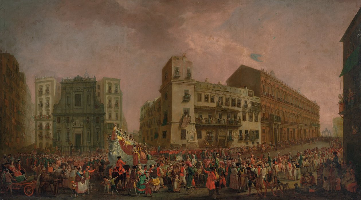 Karnevallet i Napoli i 1778, med "Cavalcata turca" paraderende gennem Largo di Palazzo, ca. 1778 af Pietro Fabris