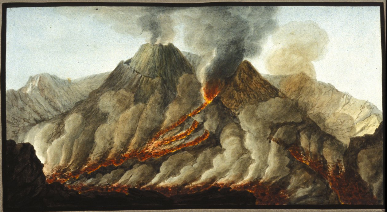 Den udbrudte vesuv. Denne gouache blev udført af Pierre Fabris, efter anmodning fra Sir William Hamilton, engelsk ambassadør i Napoli.Bibl. Braidense, Milano. af Pietro Fabris
