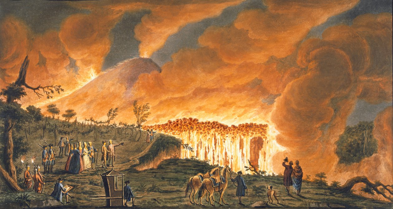 Udsigt af Hamilton, der eskorterede deres sicilianske majestæter den 11. maj 1771 for at observere lavastrømmen fra Vesuvens store udbrud, planche 38 fra "Campi Phlegraei: Observationer om vulkanerne i det af Pietro Fabris