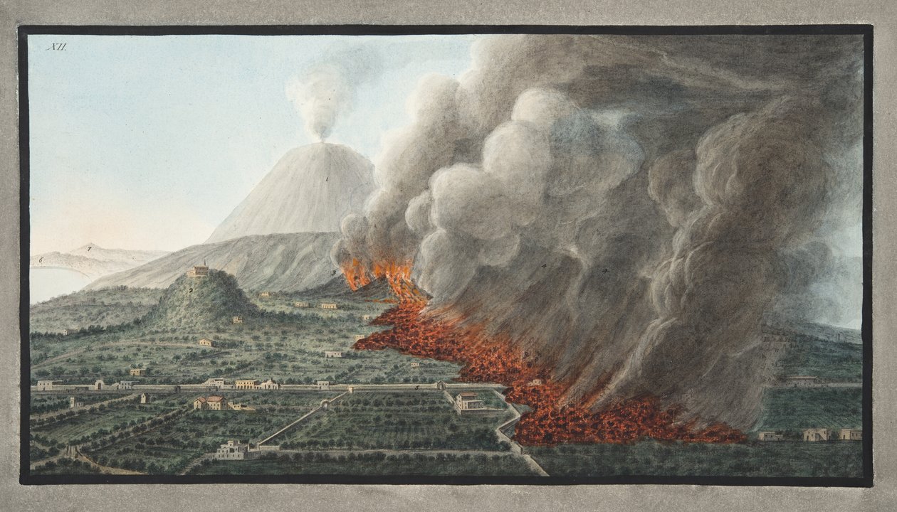 Udsigt til et udbrud af Vesuv, der begyndte den 23. december 1760 og sluttede den 5. januar 1761, plade 12 fra "Campi Phlegraei: Observations on the Volcanoes of the Two Sicilies", af Sir William Ham af Pietro Fabris