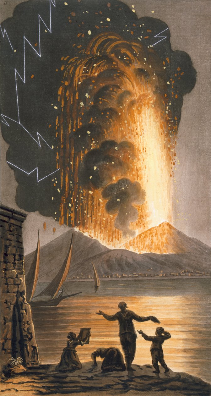 Udsigt over Vesuvs store udbrud søndag aften den 8. august 1779 fra Hans Sicilianske Majestæts palads i Posillipo, plade II, udgivet 1779 (håndfarvet gravering) af Pietro Fabris