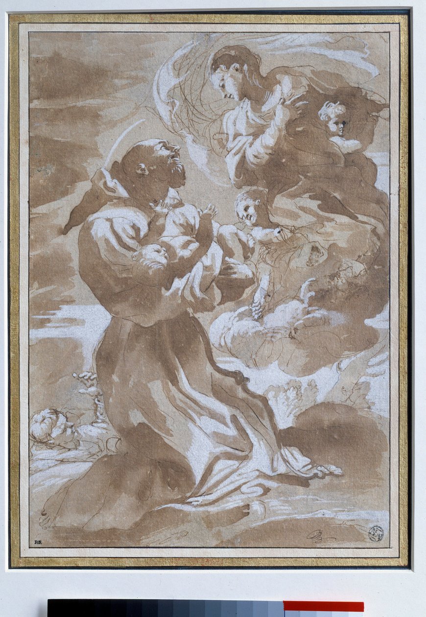 Jomfruen overlader Jesusbarnet til den hellige Francois af Assisi Tegning af Pietro Faccini (1560-1602) 1500-tallet søn. 0,23 x 0,33 m Paris. Louvre-museet af Pietro Faccini
