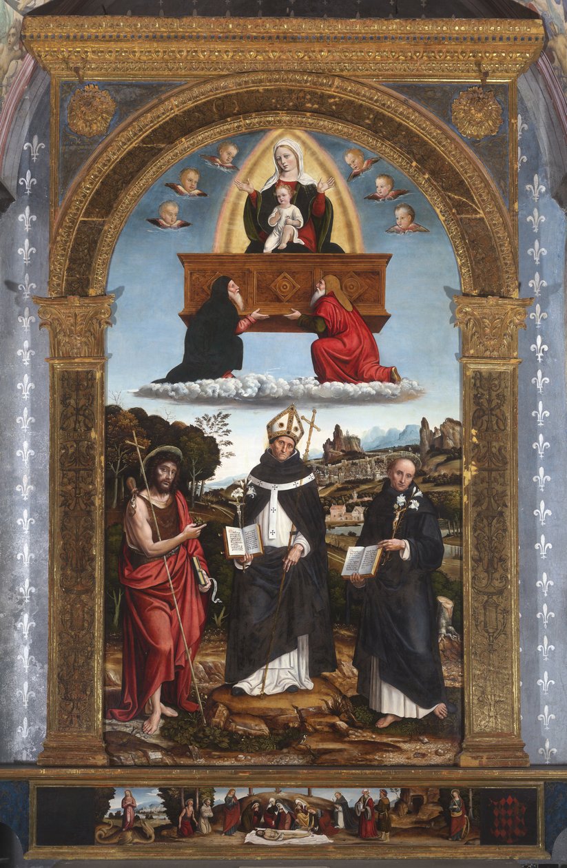 Madonna Odigitria med helgener: Johannes Døberen, Antonino af Firenze og Nicola af Tolentino af Pietro Francesco (1485-1528) Sacchi