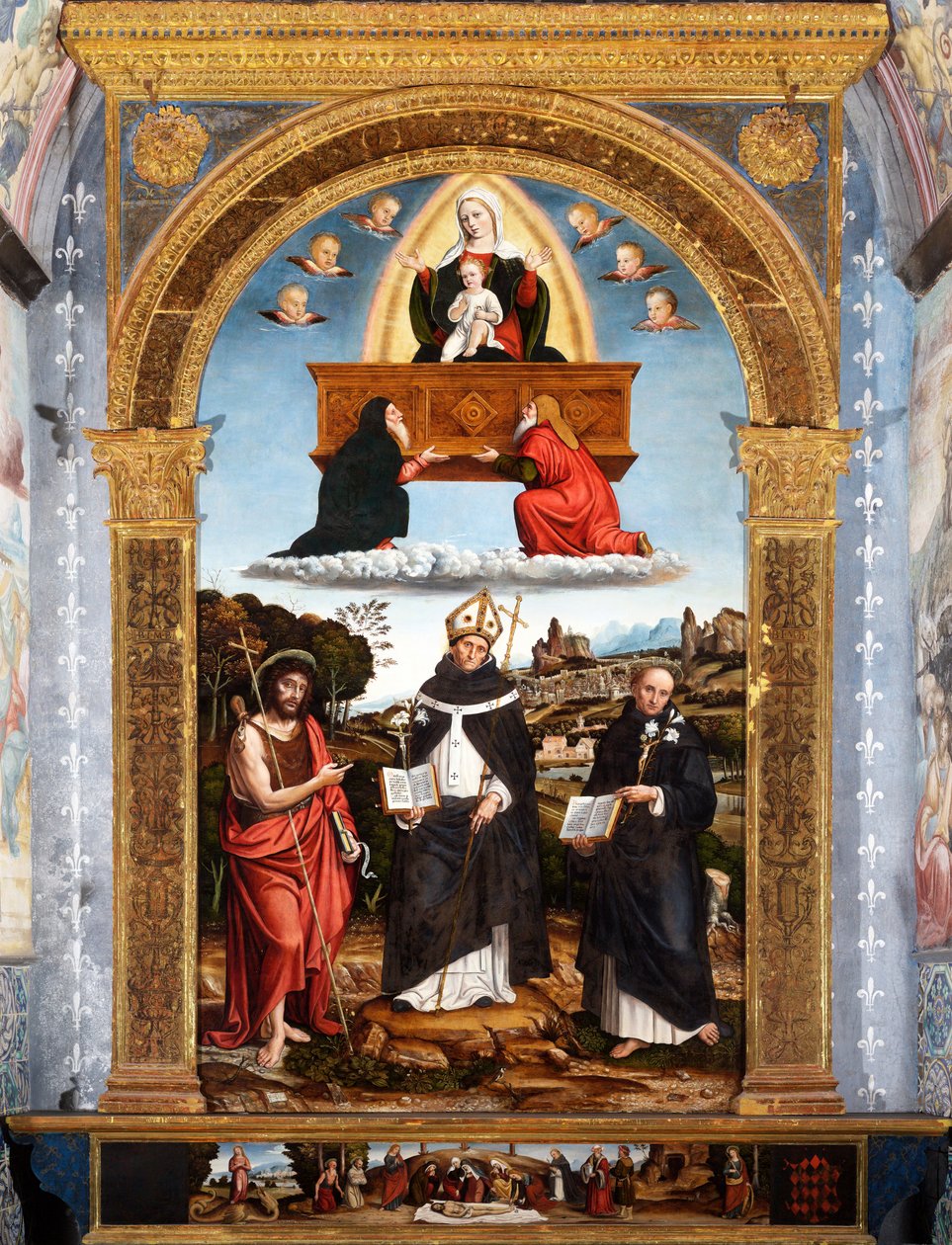 Odigitria Madonna med de hellige Johannes Døberen, Antoninus af Firenze og Nicola da Tolentino, underskrevet og dateret af Pietro Francesco (1485 1528) Sacchi
