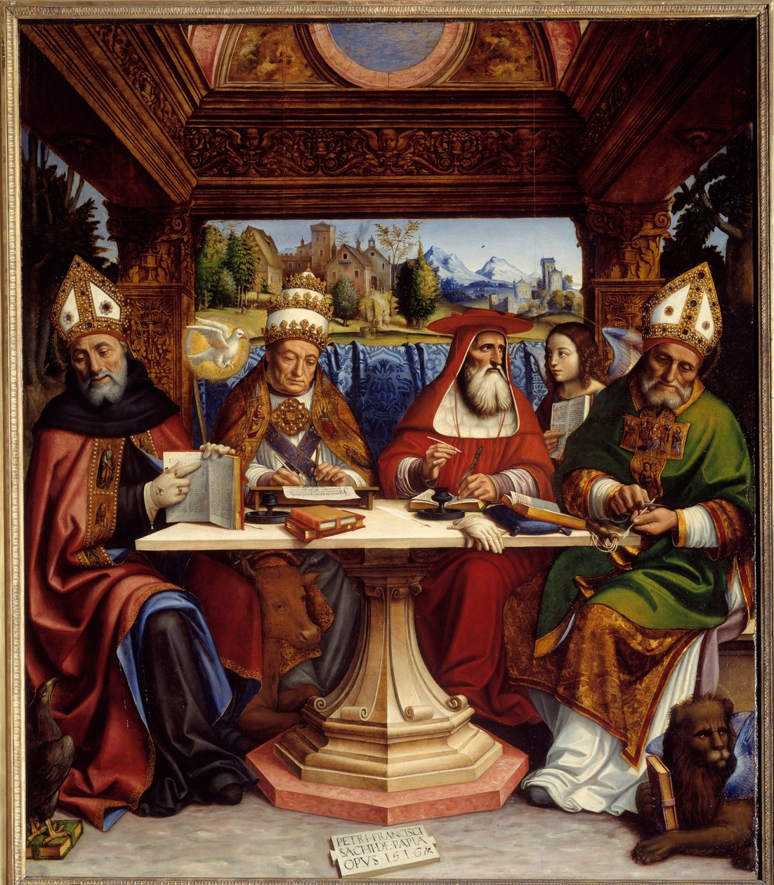 Kirkens fire læger med de fire evangelisters symboler (Sankt Augustin med en ørn, Sankt Gregoire den Store med en okse, Sankt Hieronymus med en engel og Sankt Ambrosius med en vingeløve). Maleri af Pier Francesco Sacchi dit il Pavese (14 af Pietro Francesco  Sacchi