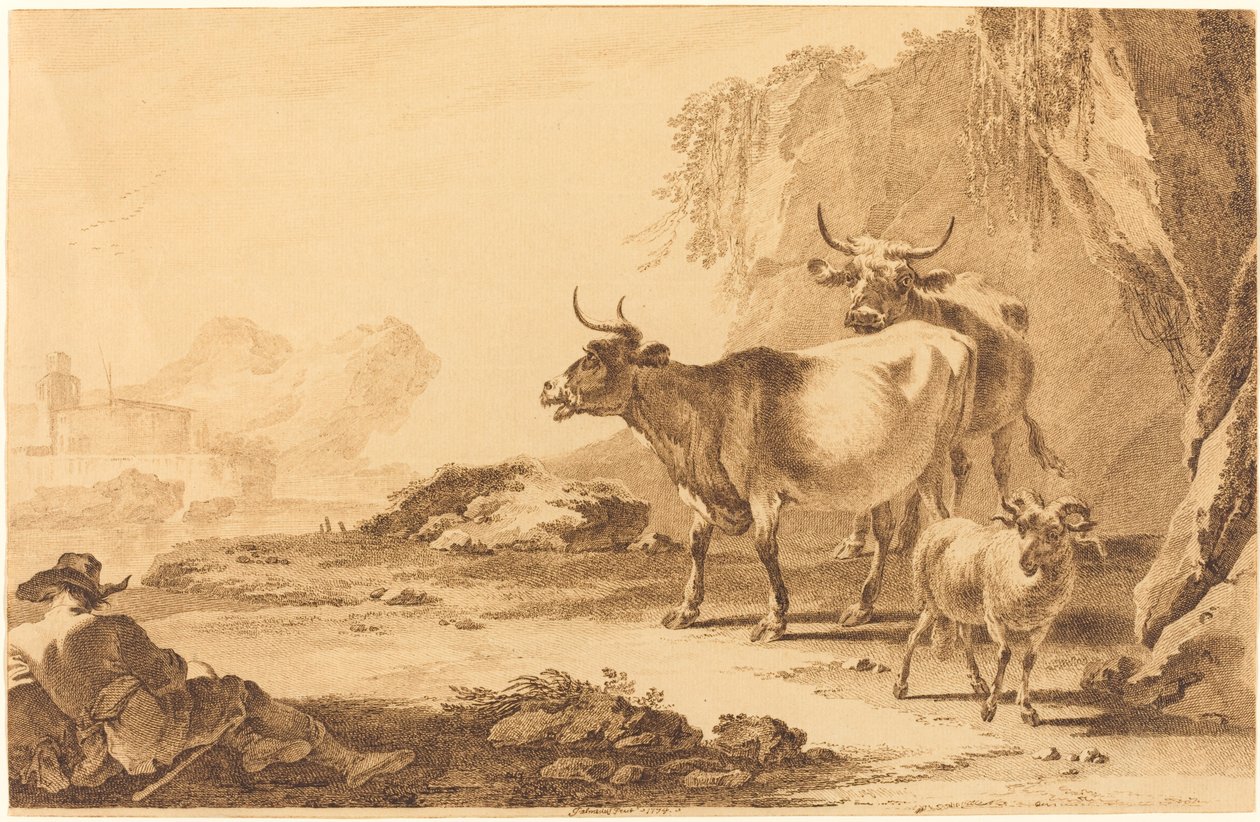 Landskab med kvæg, en ged og en hvilende hyrde af Pietro Giacomo Palmieri