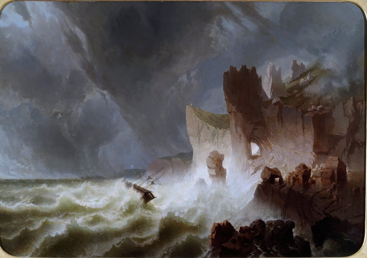 Lido solitario Marinelandskab, med skib fanget i stormen, og styrtede ned på klipperne. Maleri af Pietro Giuria (1800-tallet) Dim. 140x200 cm Genes Nervi, Galleria d