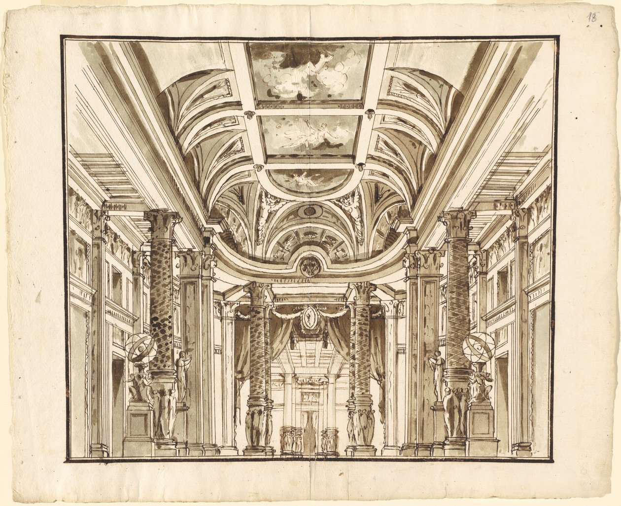 Fantasy of a Great Hall med Basketweave-søjler af Pietro Gonzaga
