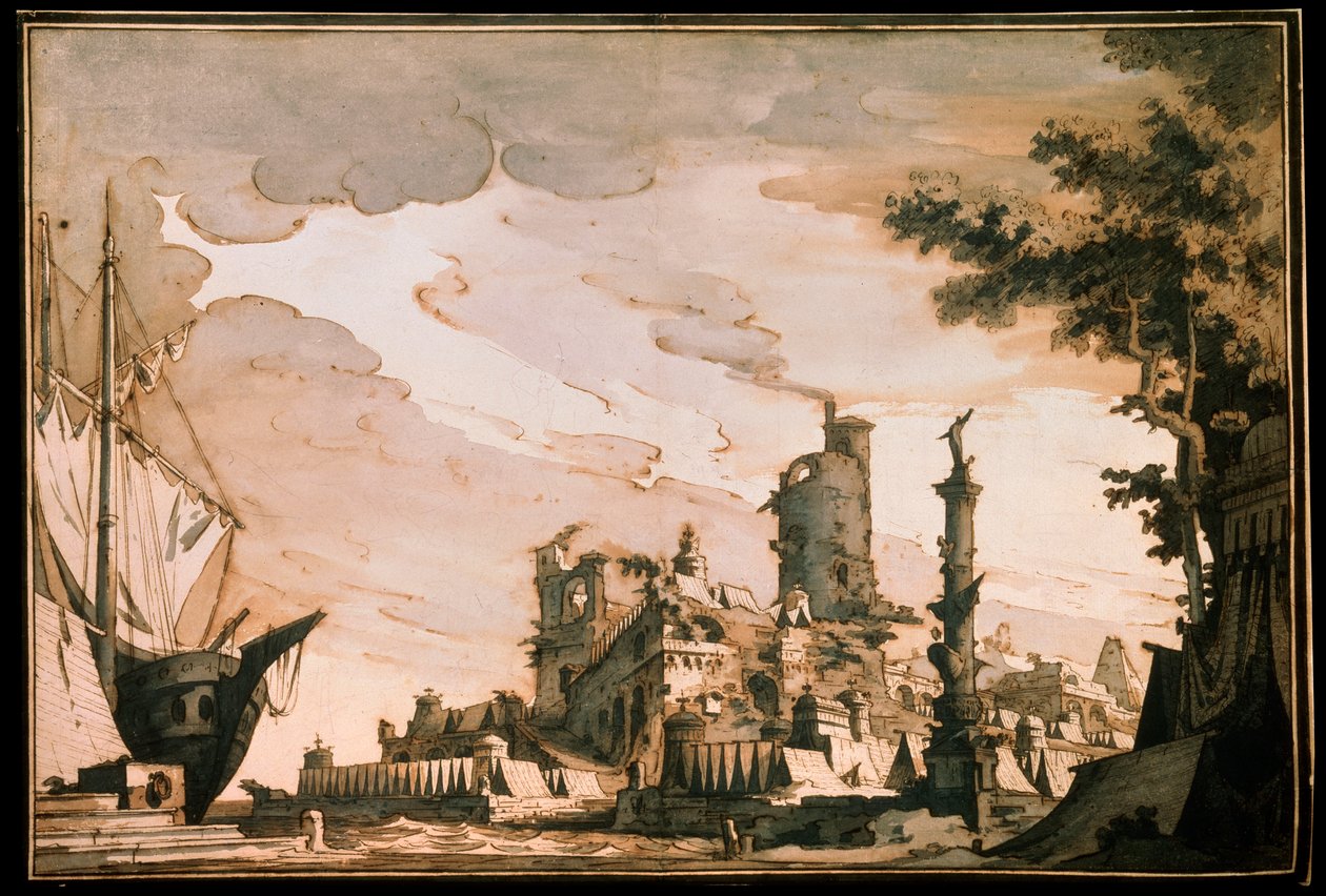 Sea Harbor, Scenografi til et teaterstykke, 1818. af Pietro Gonzaga