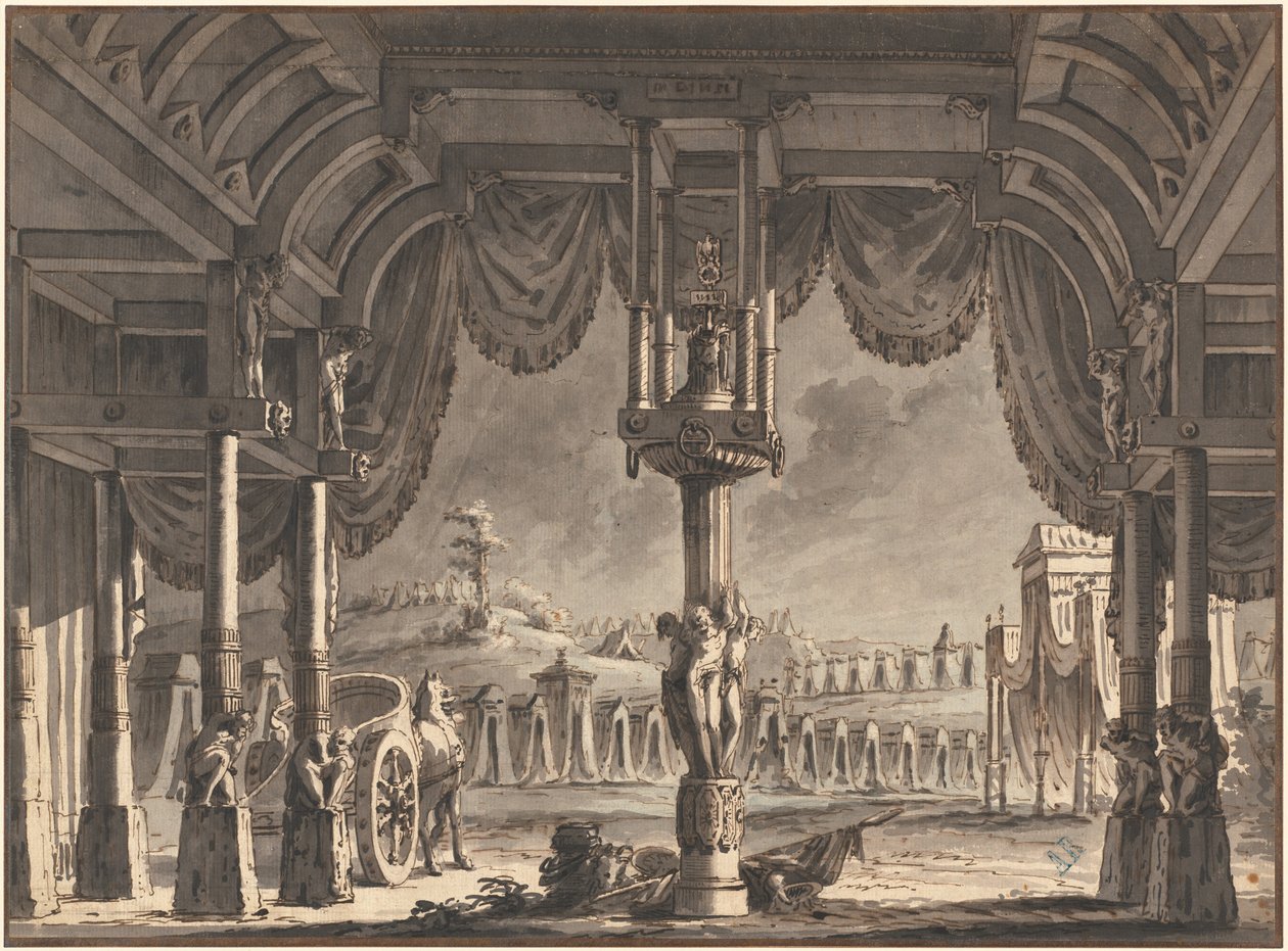 Scenedesign af en gammel romersk lejr om natten (recto) af Pietro Gonzaga