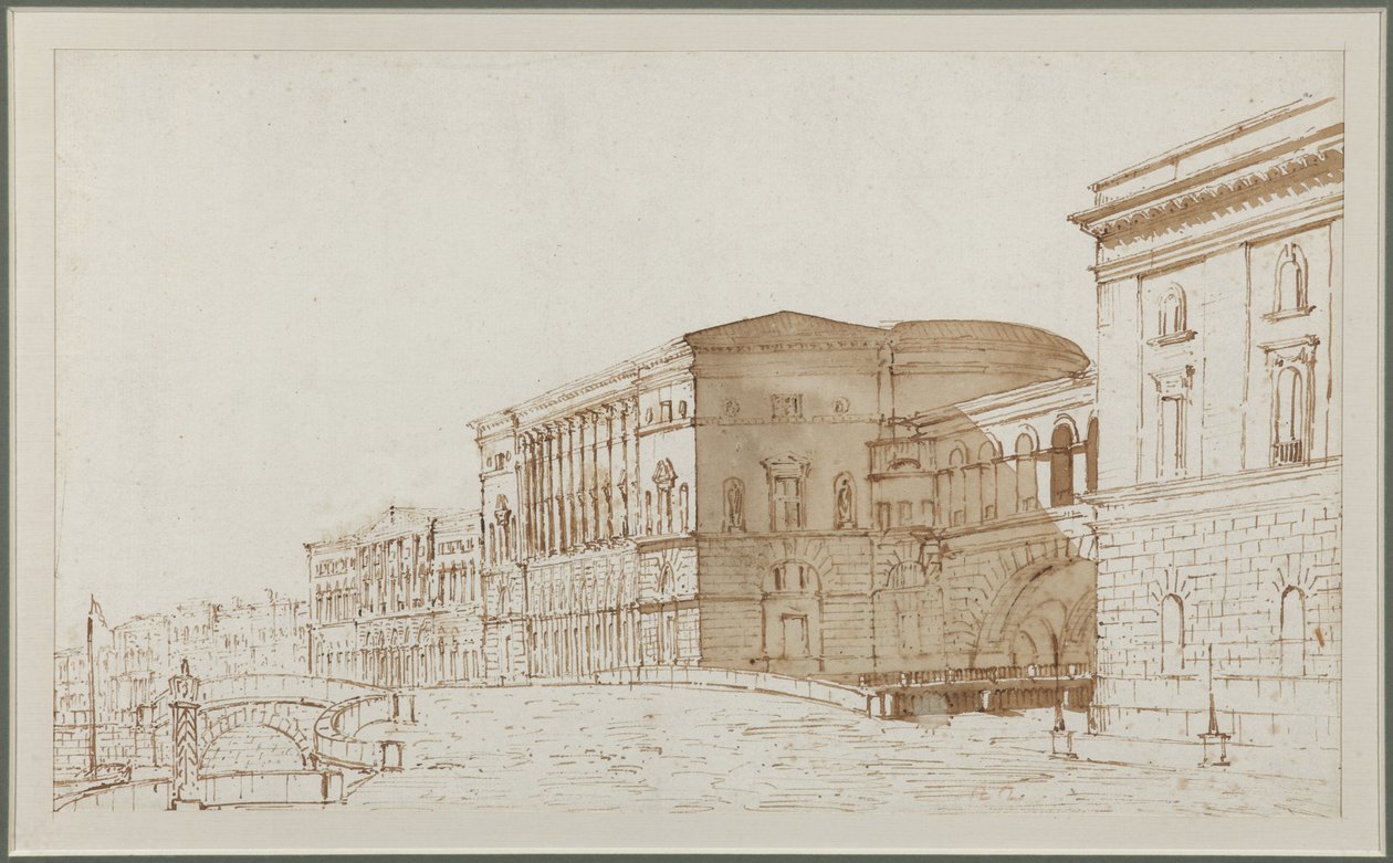 Eremitageteatret i Sankt Petersborg - Pietro di Gottardo Gonzaga (1751-1831). Pen, pensel, brun farve på papir af Pietro Gonzaga