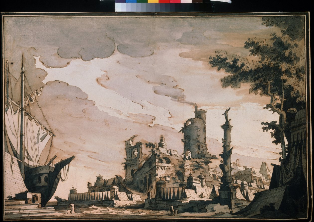 ""Udsigt over en havn"" Teaterindretning. Akvarel af Pietro di Gottardo Gonzaga (1751-1831) 1818. Akvarel og blæk på papir. Moskva, Pushkin Museum af Pietro Gonzaga