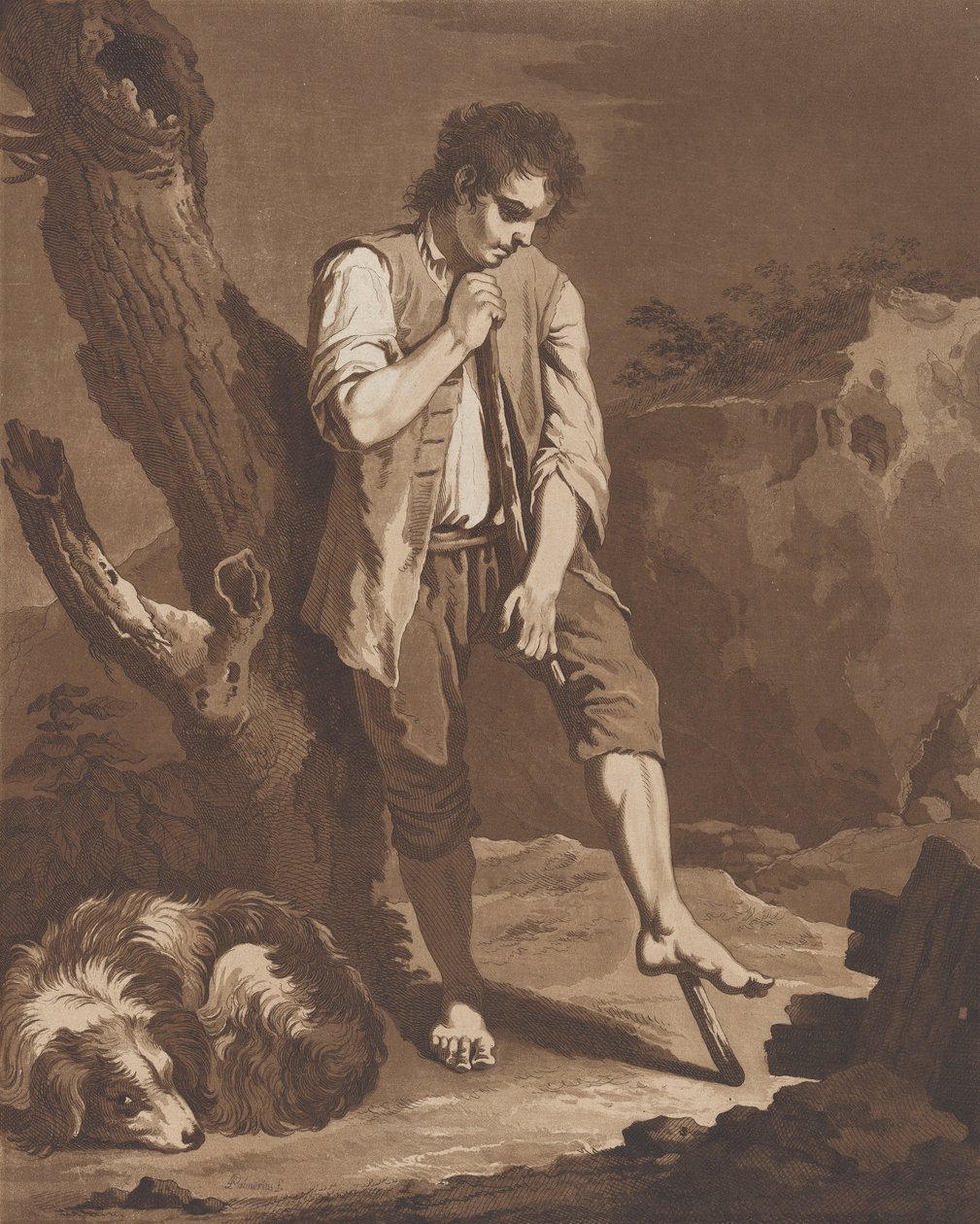The Shepherds Rest, en ung mand, der hviler på en pind, mens hans hund ligger ved hans fødder..., ca. 1757-1804. af Pietro Jacopo Palmieri