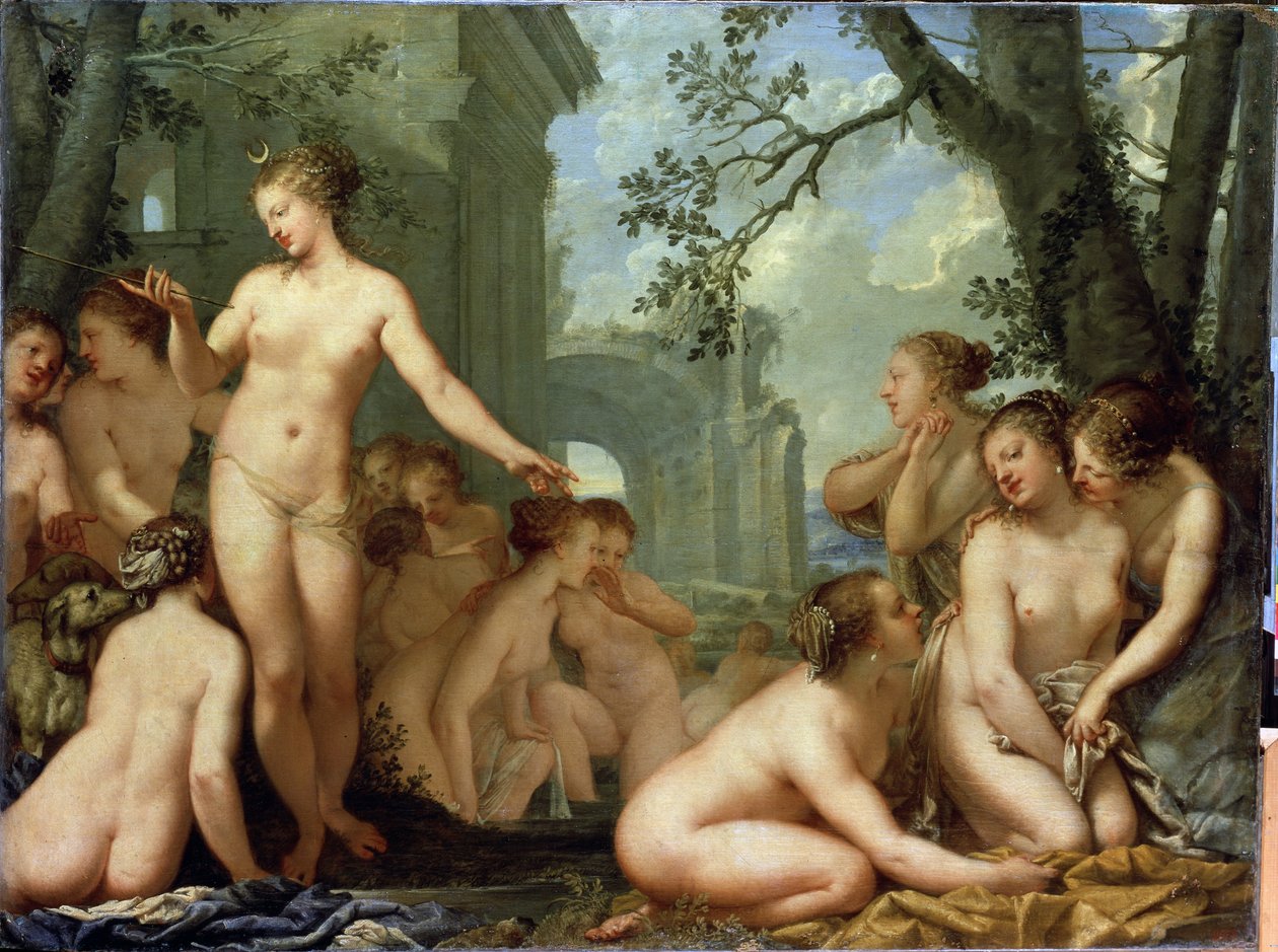 Diana og Callisto (Diana og Callisto). Græsk mytologi: Diana opdager graviditeten af ​​den gravide nymfe Callisto af Zeus. Maleri af Pietro Liberi (1614-1687). Barok kunst. Olie på lærred. Eremitagemuseet Sankt Petersborg af Pietro Liberi