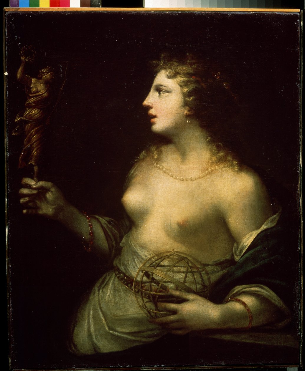 ""Urania"" (Urania) repræsentation af den beskyttende muse for astronomi og astrologi, der holder en hånd på en kugle. Maleri af Pietro Liberi (1614-1687) Mikhail Kroshitsky kunstmuseum fra det 17. århundrede, Sevastopol (Sevastopol) Ukraine af Pietro Liberi