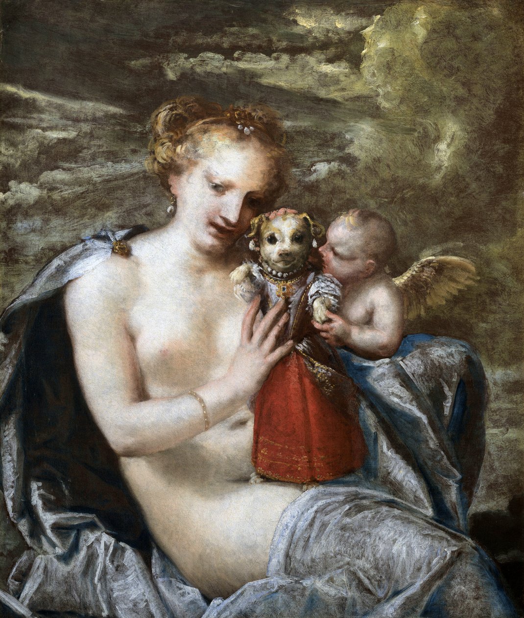 Venus, Amor og lille hund klædt ud som et barn. af Pietro Liberi