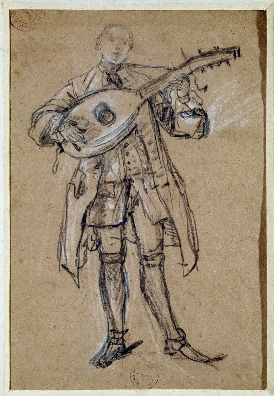 En guitarist (guitarspiller) Tegning af Pietro Longhi (1702-1785) Venedig, Musee Correr af Pietro Longhi