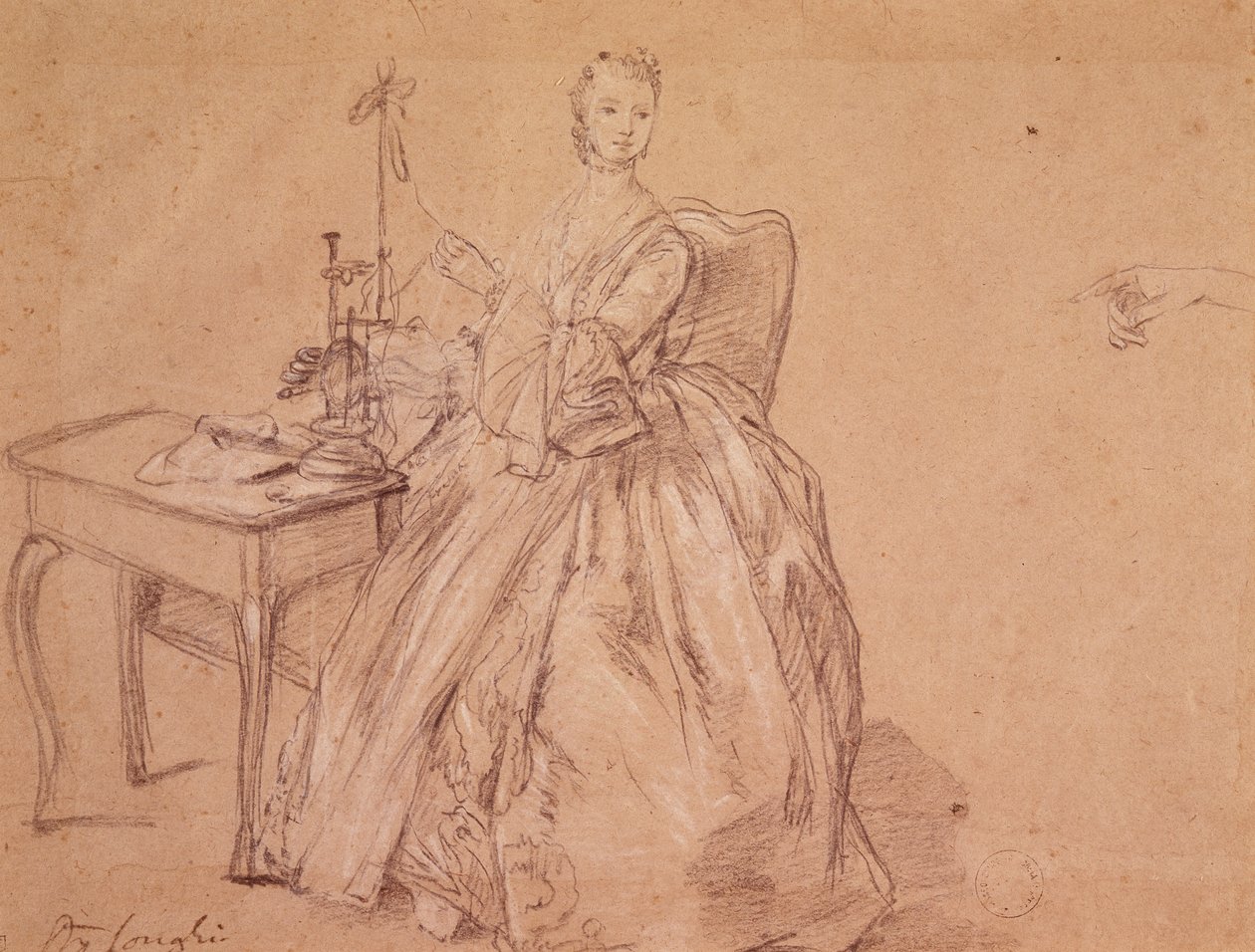 En kvinde, der spinder (farvekridt og hvidt kridt på papir) af Pietro Longhi