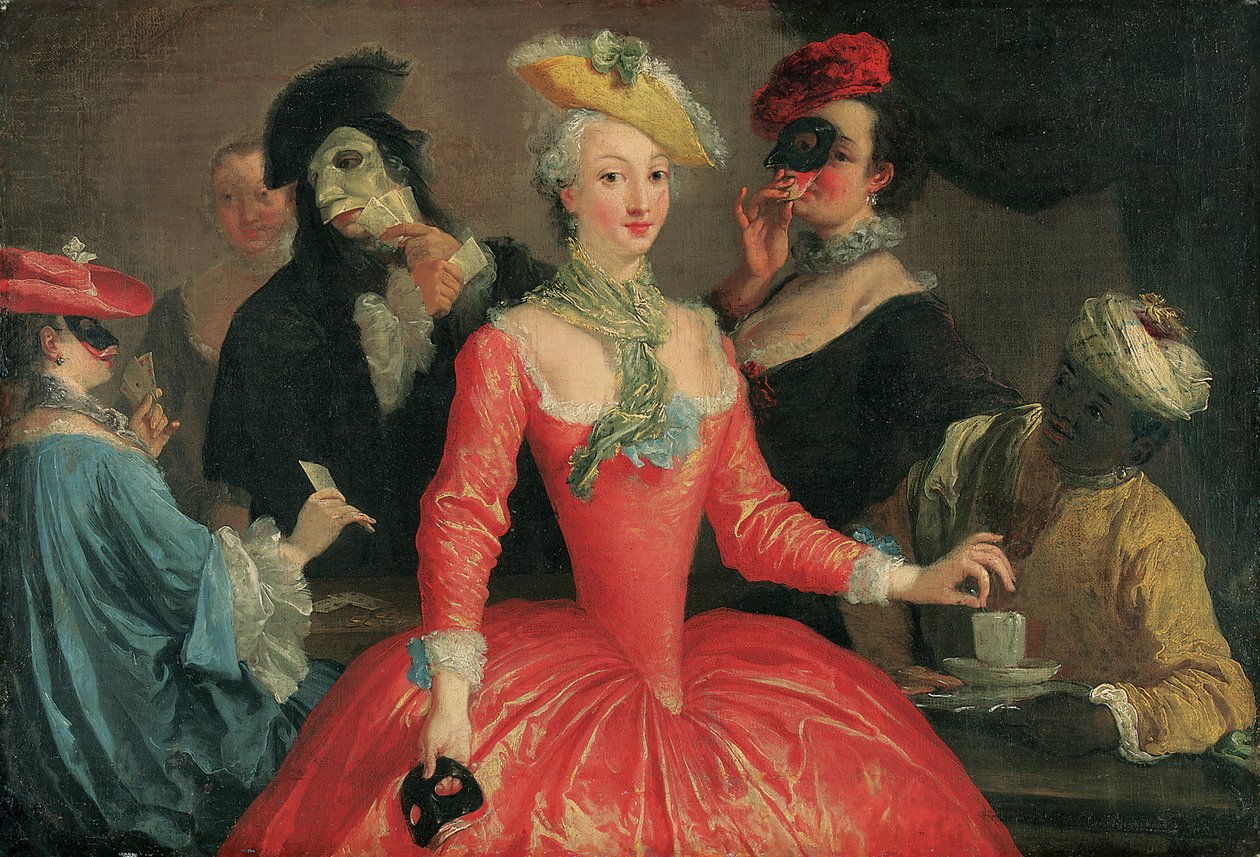 Elegant selskab i maskekostume, der tager kaffe og spiller kort af Pietro Longhi
