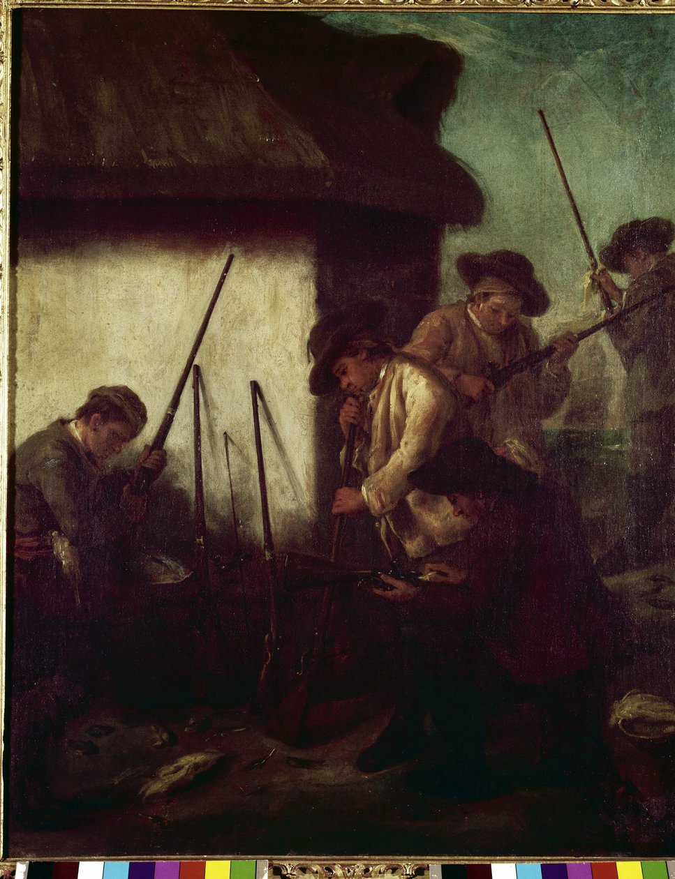 Jagt i dalen: forberedelse af kanoner - Maleri af Pietro Longhi (1702-1785), olie på lærred, 61x50 cm af Pietro Longhi