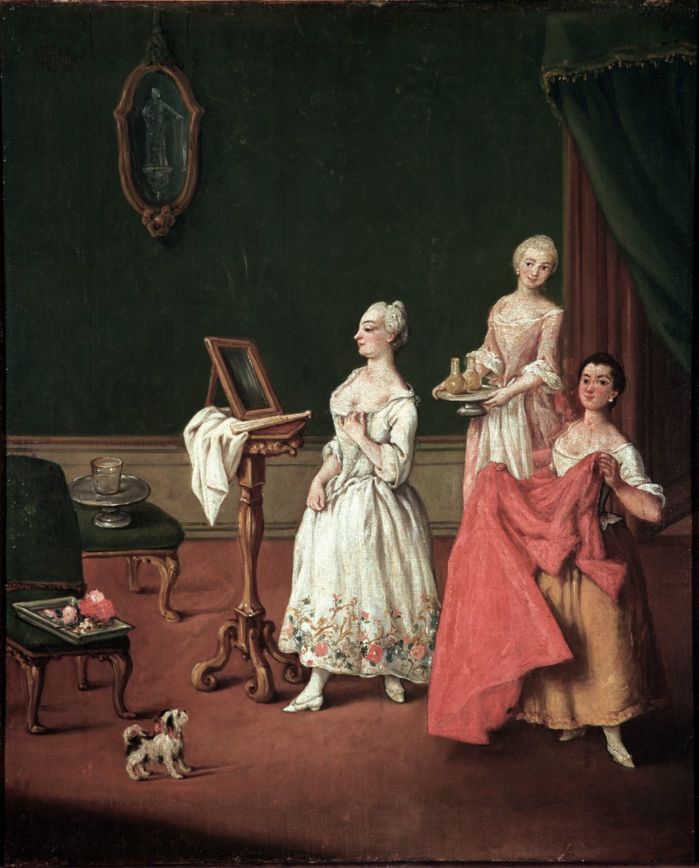 La toilette (omklædningssessionen) Venetiansk aristokrat pågriber foran sit spejl medhjælper af to tjenere - Maleri af Pietro Longhi (1701-1785) 1760 Dim 61x50 cm Venedig, Ca 