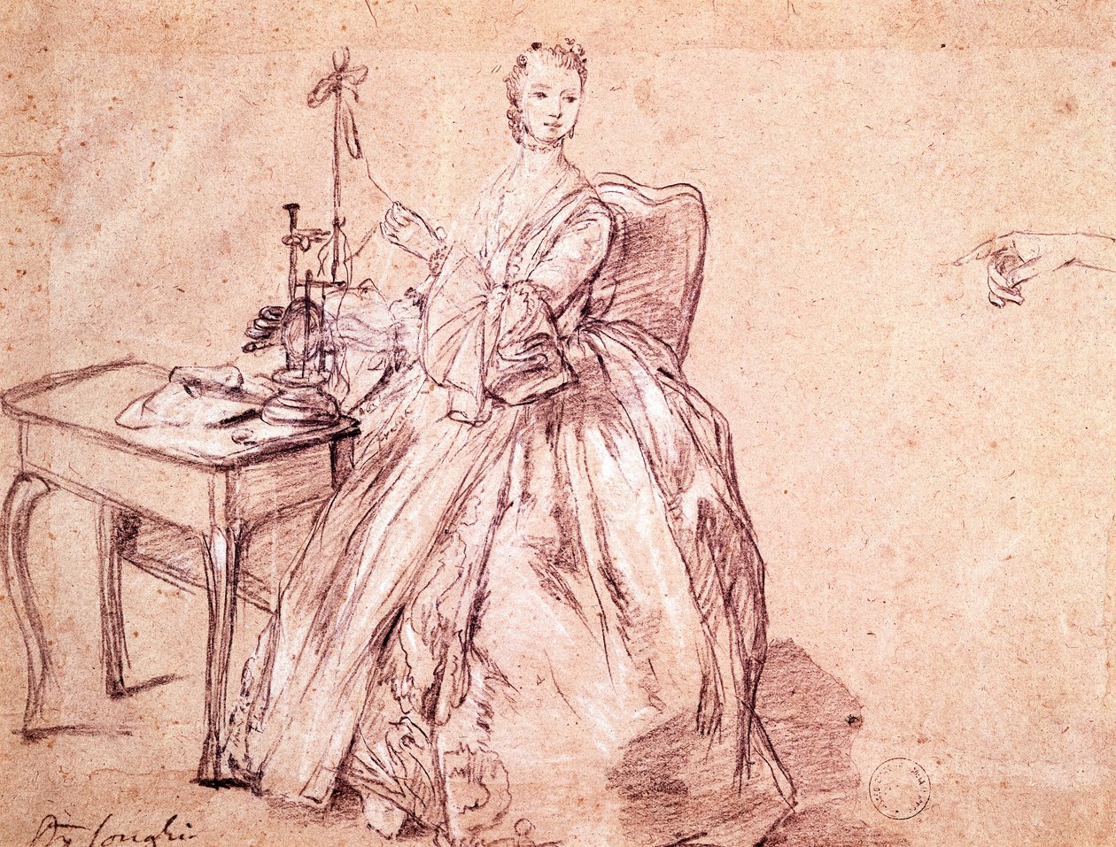Lady spinding tråd, af Pietro Longhi (1701-1785), tegning af Pietro Longhi