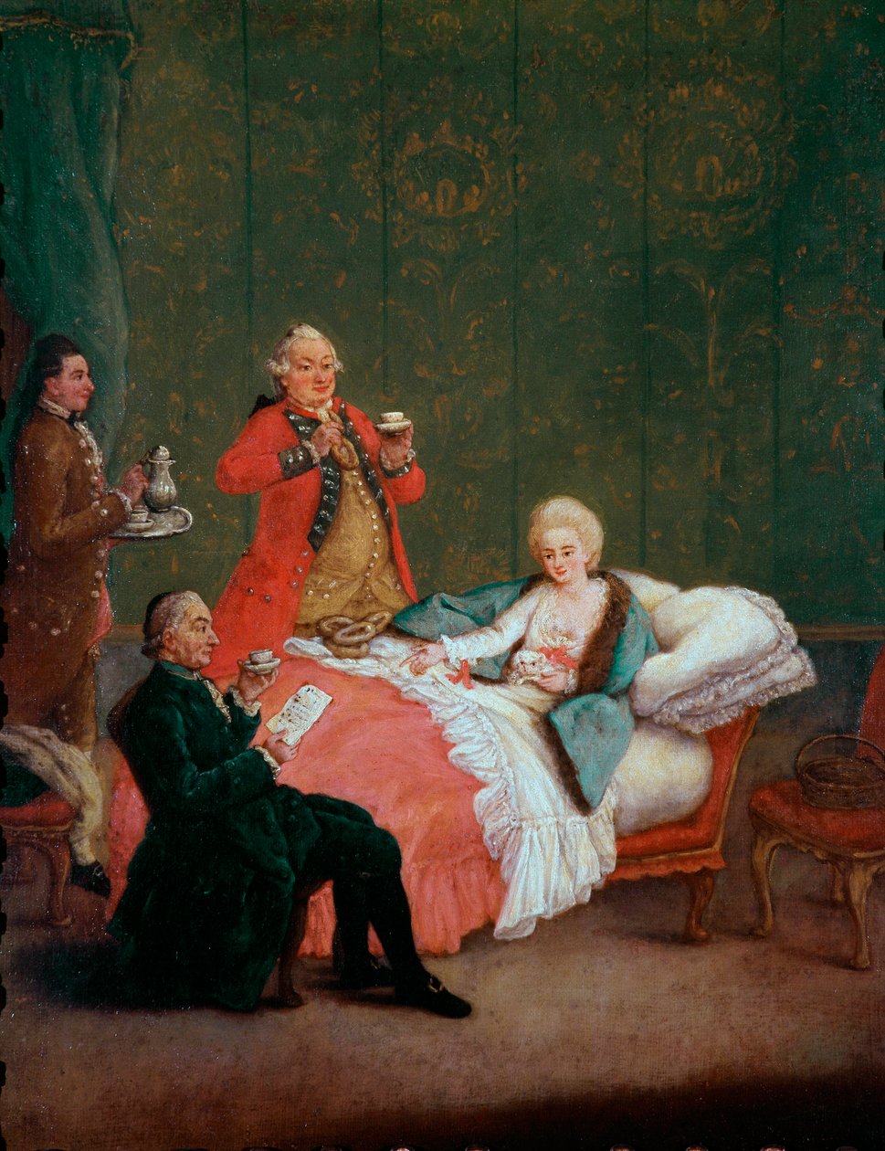Morgenchokolade ung kvinde af adelen ligger i sin seng serveret af tre mænd. Maleri af Pietro Longhi (1702-1785) 1775-1780. Svag. 60x47 cm Ca 