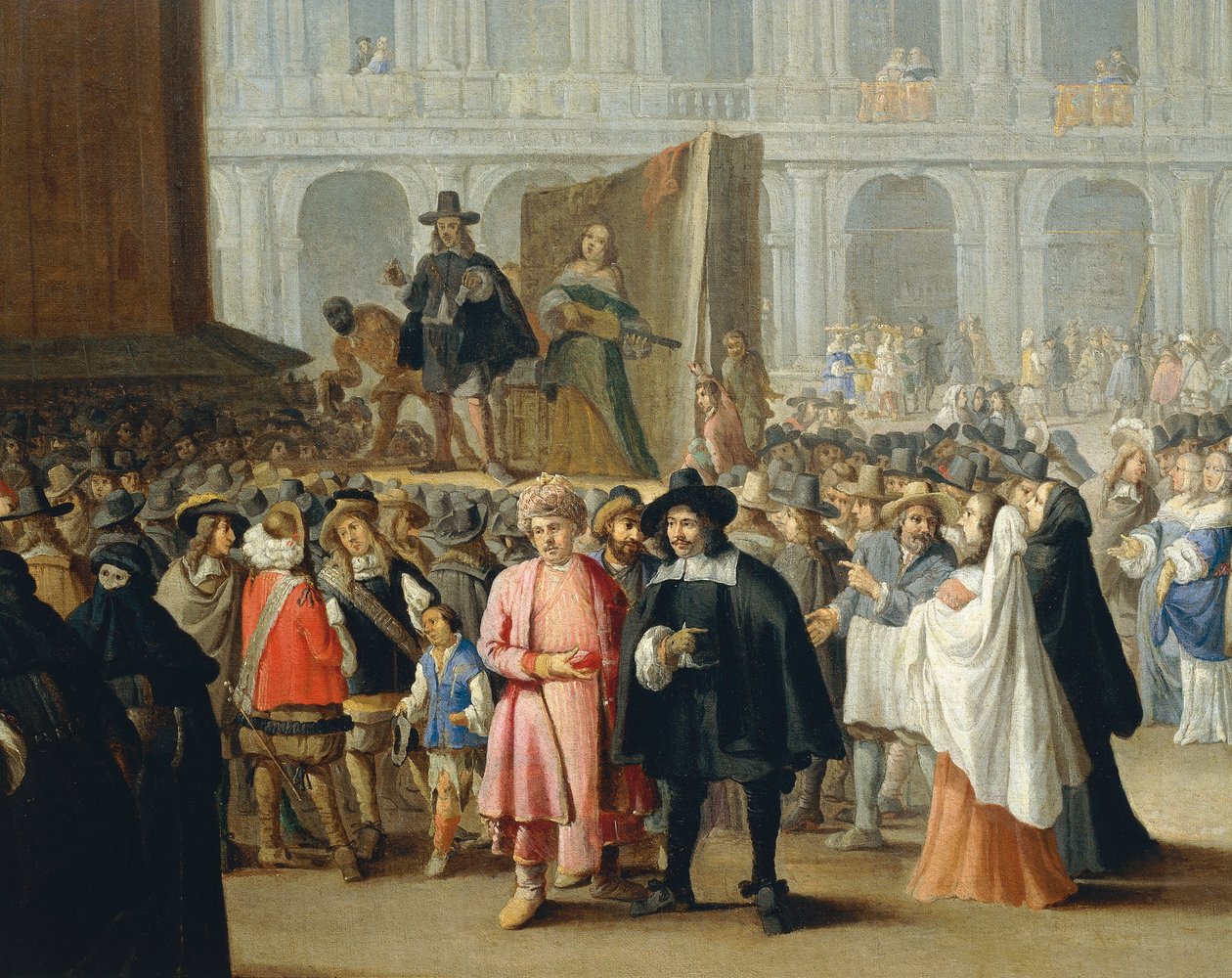 Repræsentation af komikere under karnevallet på Markuspladsen i Venedig, fra School of Pietro Longhi, detaljer af Pietro Longhi