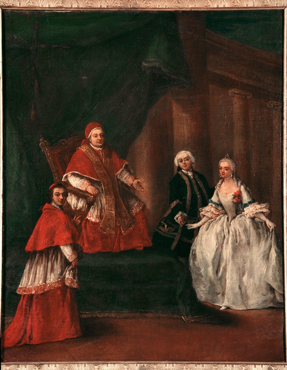 Repræsentation af pave Clemens XIII (1693-1769) med sin nevø Ludovico Rezzonico og hustru Faustina Savorgnan (pave Clemens XIII med sin nevø Ludovico Rezzonico og hans hustru Faustina Savorgnan) Maleri af Pietro Longhi (1702-1785-1702-1785) 17525 af Pietro Longhi