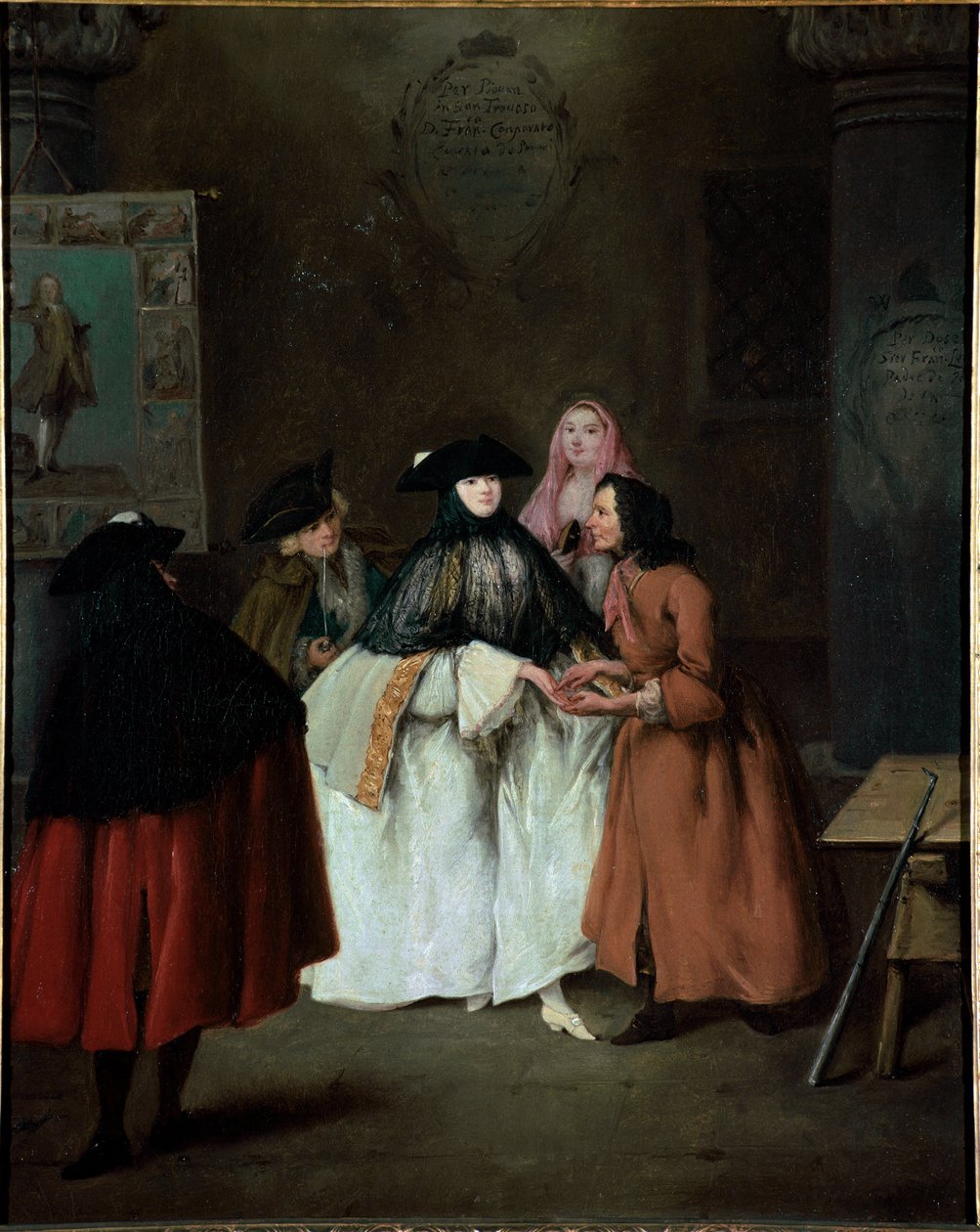 Spåkonen (Spåkonen) (Indovinaen) Maleri af Pietro Longhi (1702-1785) 1752-1756 Dim 62x50 cm Venedig, Ca