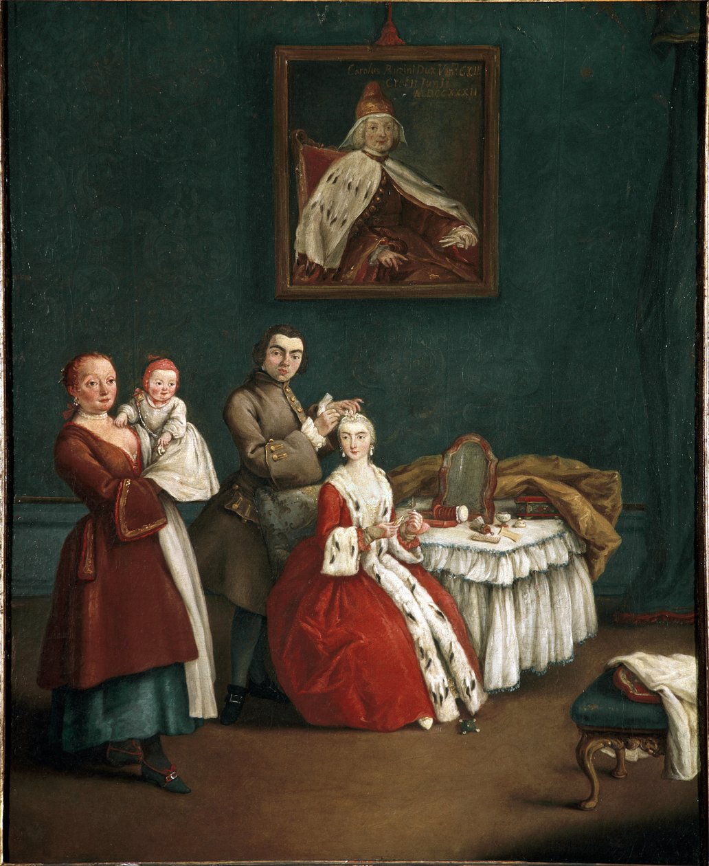 Frisøren (Frisøren) Maleri af Pietro Longhi (1701-1785) 1760 Dim 63x51 cm Venedig, Ca 
