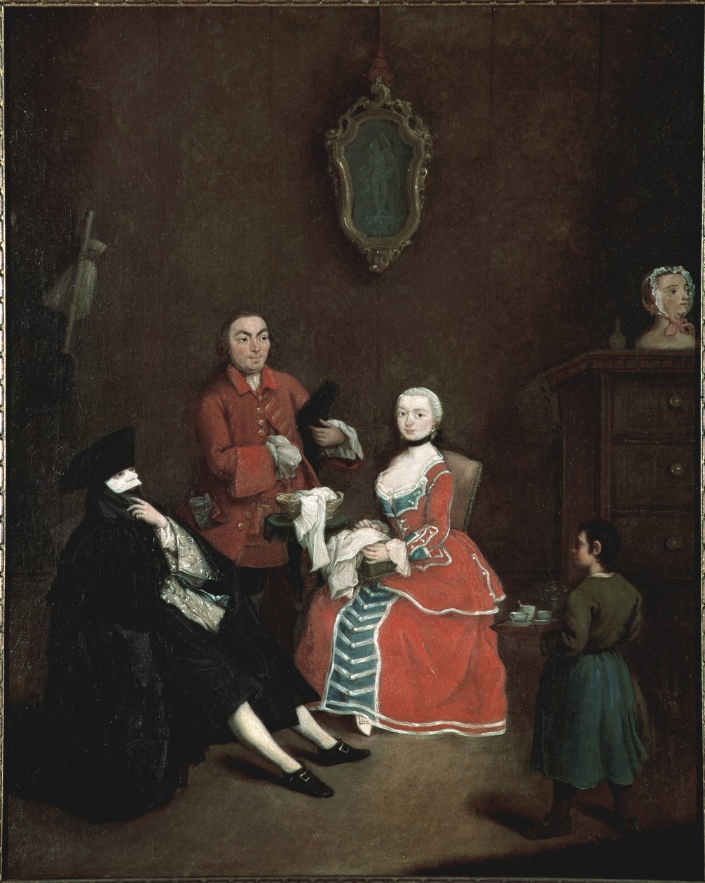 Masken besøg Bauta (bautta) karakter vetu af den venetianske dragt består af den sorte kappe, den sorte tricornhat og den hvide maske - (Besøg i Bauta-maske) Maleri af Pietro Longhi (1702-1785) 1760 ca. Dim 62x50 cm Venedig, Ca 