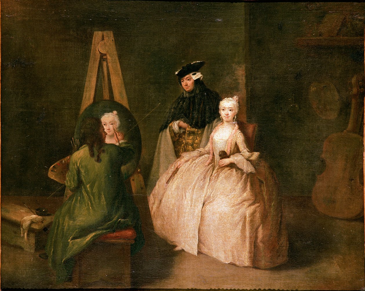 Malerens atelier Maleren foran sit staffeli portrætterer en ung kvinde. Maleri af Pietro Longhi (1702-1785) 1740-1745 søn. 44x53 cm Venedig, Ca 