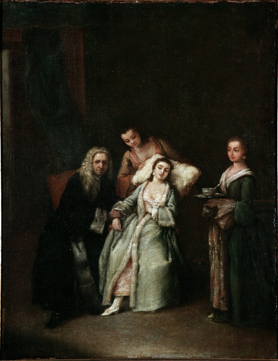 Den syge kvinde Besøg af lægen, der tager pulsen på de syge Maleri af Pietro Longhi (1702-1785) 1741 Dim 52x41 cm Venedig, Ca