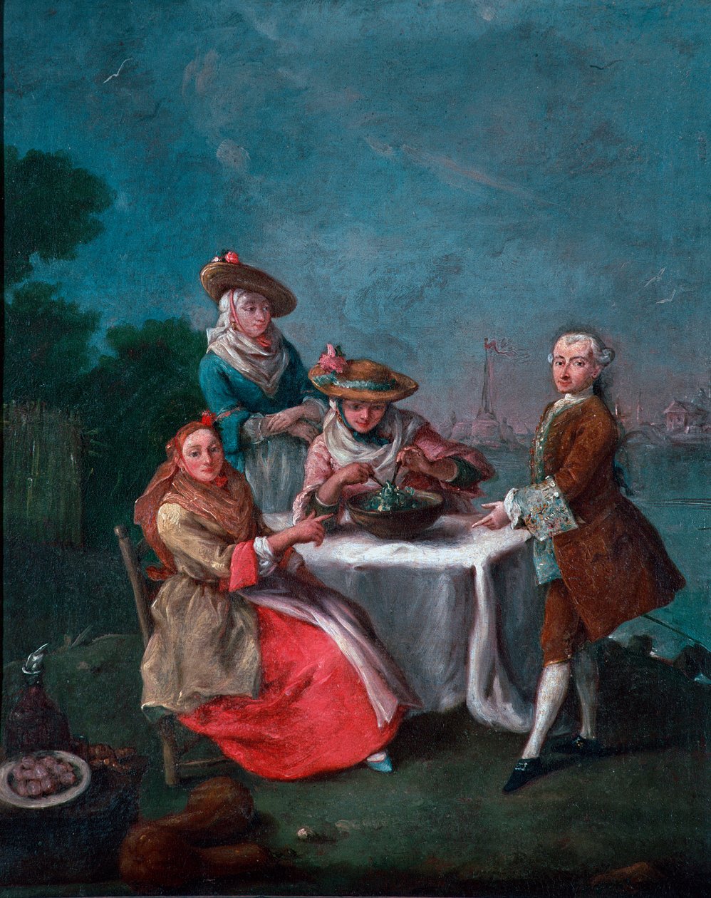 For at smage det i haven ved den venetianske flodmunding i Cartosa eller Vignole To kvinder i rejsedragter, krydrede en af dem salaten. Maleri af Pietro Longhi (1702-1785) 1759 ca. Sol. 62x50 cm vene, Ca 